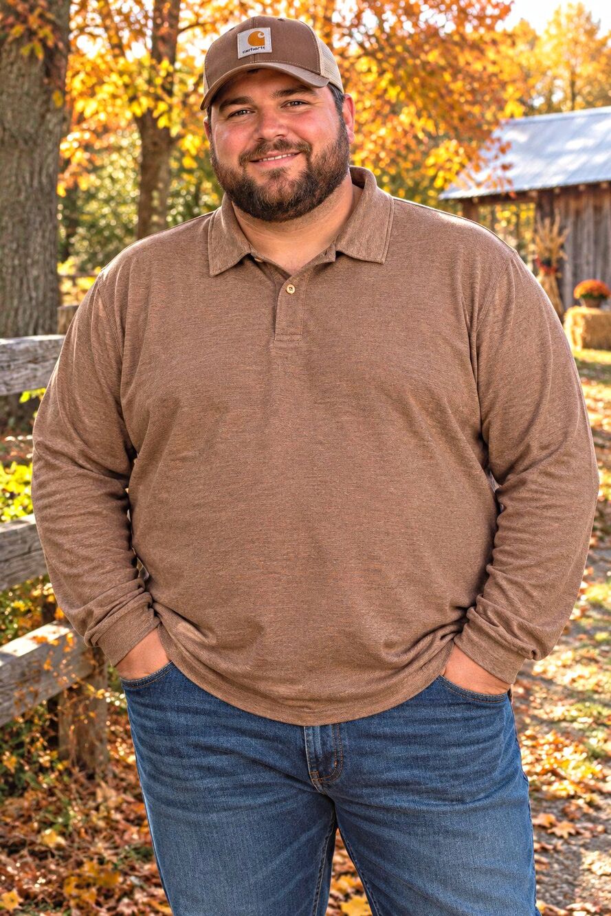 COOFANDY Men's Big & Tall 3XL Brown Solid Long Sleeve Button Polo Shirt